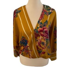 Anthropologie Flying Tomato Yellow w Pink Floral Wrap Cropped Top, size M